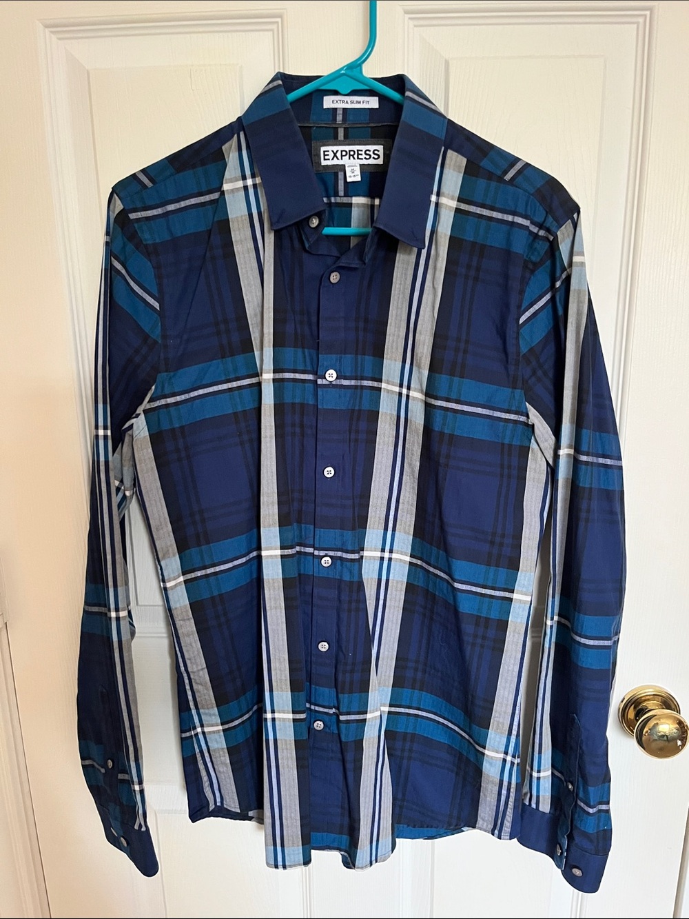 Express Men's Navy and Teal Plaid Button-Up Shirt